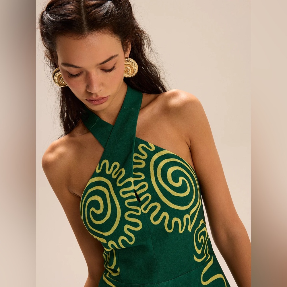 Commense Green Halter Mini Dress with Yellow Swirl Embroidery - Picture 5 of 6